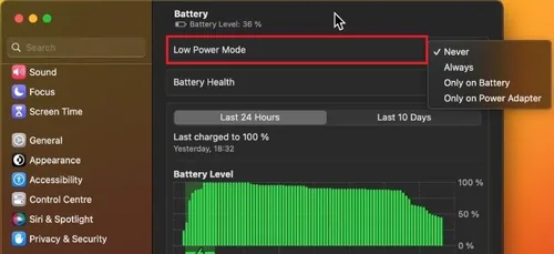 System Settings > Battery > Low Power Mode