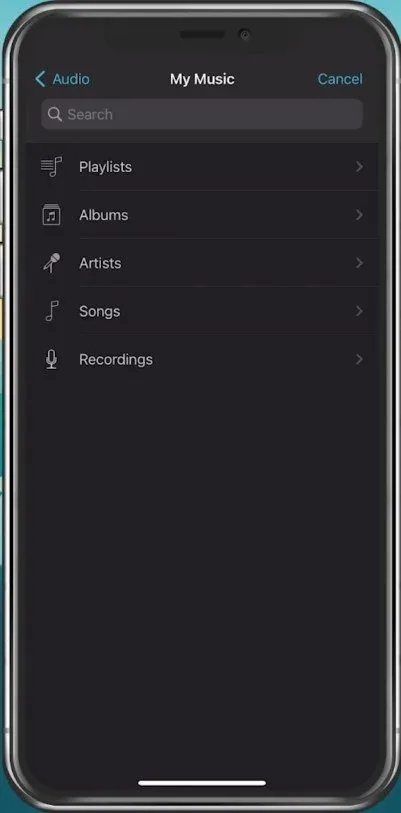 Audio > My Music > Select the song you wish to use