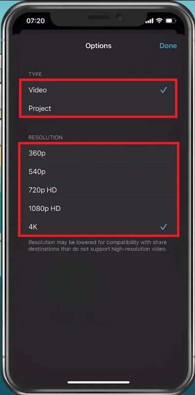 Video Export Options (Type and Resolution)