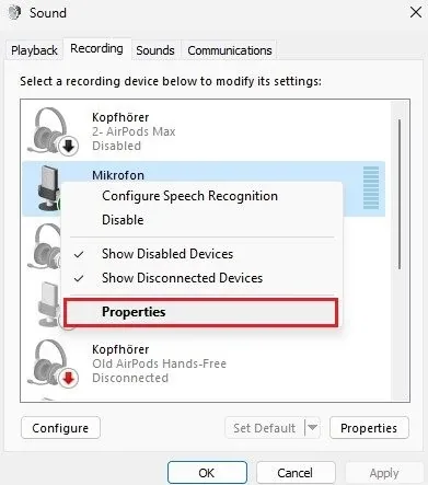 Sound Control Panel > Recording