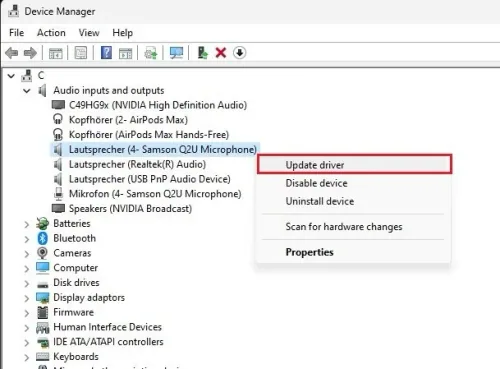 Device Manager > Audio inputs and output > Update driver