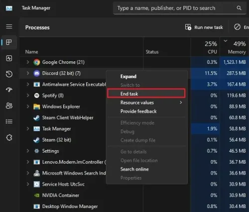 Task Manager > Processes