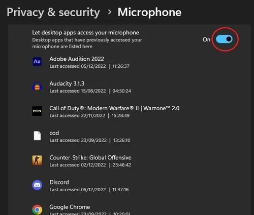 Windows Settings > Privacy & security > Microphone