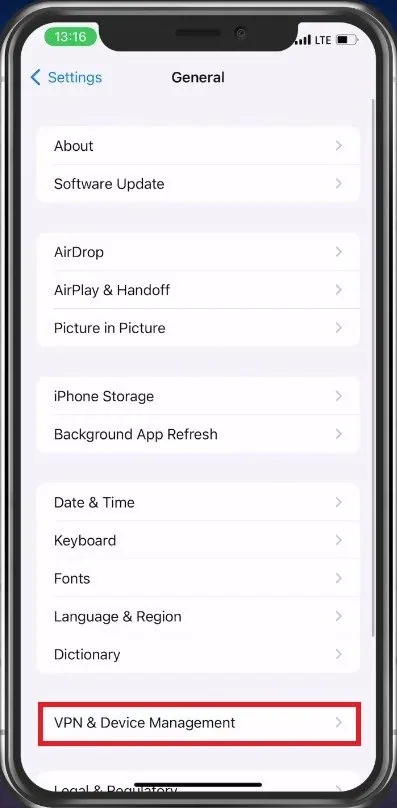 iPhone Settings > General > VPN & Device Management