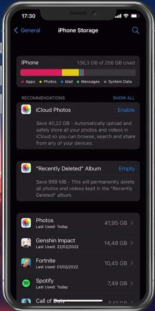 iPhone Settings > General > iPhone Storage