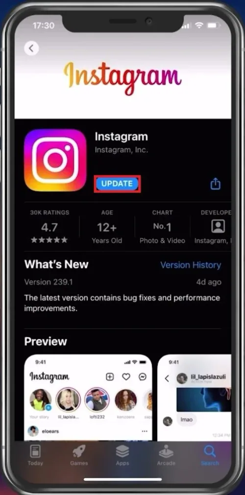 Update Instagram app using the App Store