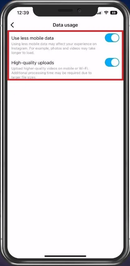 Data Usage Settings > High-quality uploads