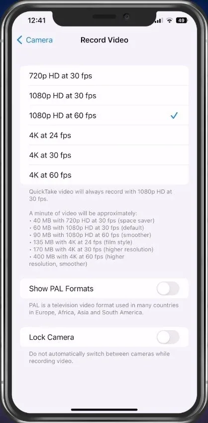 Camera Settings > Record Video
