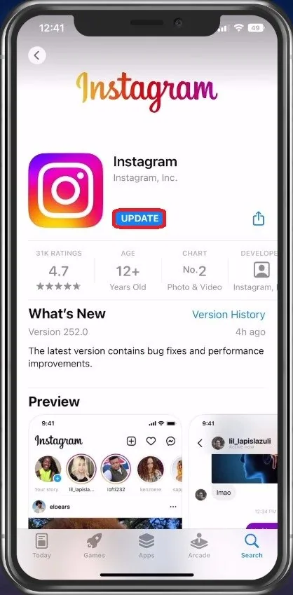 App Store > Instagram > Update