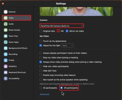 Zoom Settings > Video