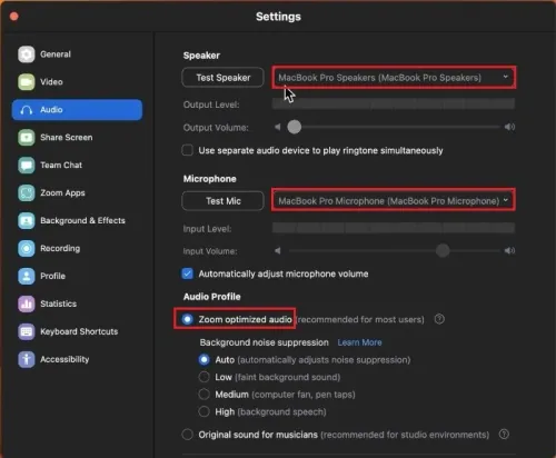 Zoom Settings > Audio