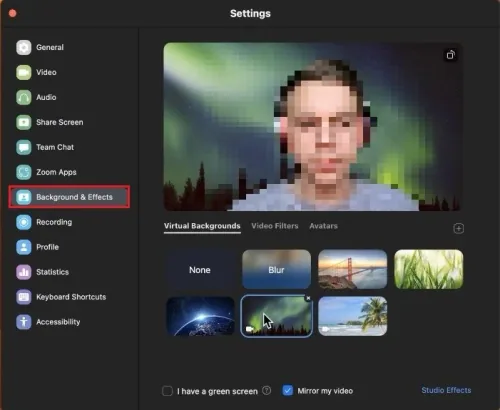 Zoom Settings > Background & Effects