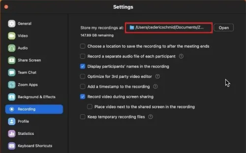 Zoom Settings > Recording