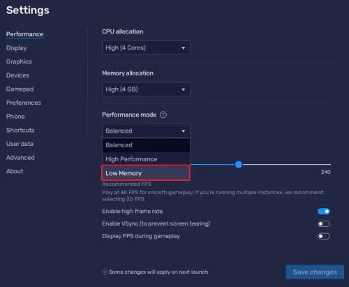 BlueStacks Settings > Performance