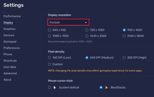 BlueStacks Settings > Display