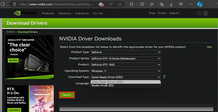 nvidia driver page