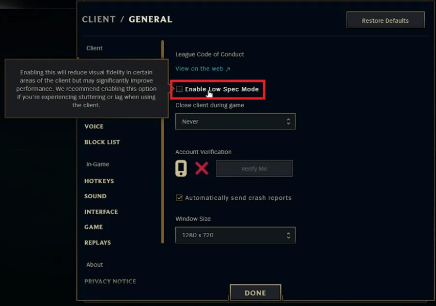 enable low spec mode