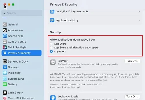System Settings > Privacy & Security > Security