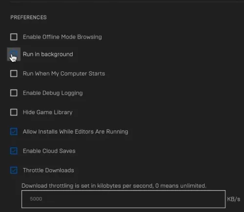 Epic Games Preferences
