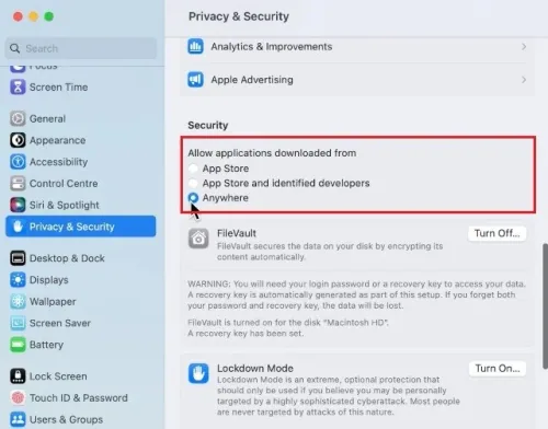 System Settings > Privacy & Security > Security