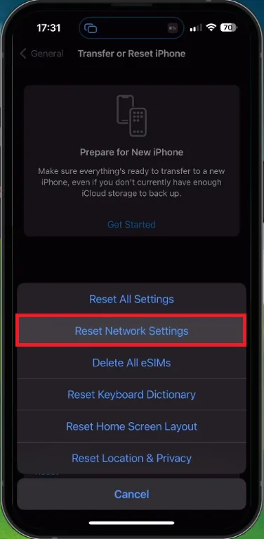 reset network settings iphone