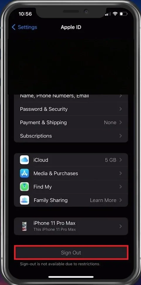 iPhone Settings > Apple ID > Sign Out