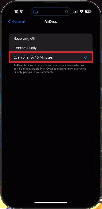 iPhone Settings > General > Airdrop