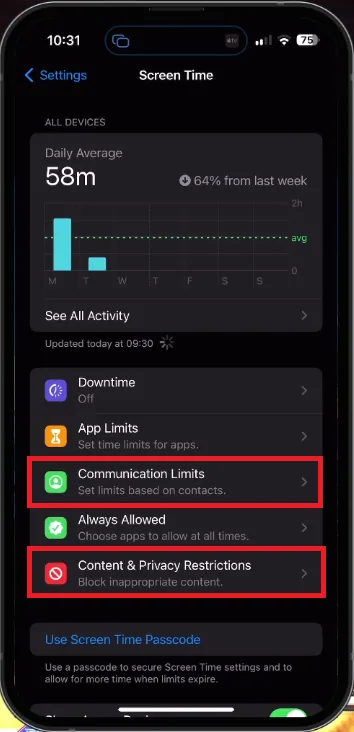 iPhone Settings > Screen Time > Content & Privacy Restrictions