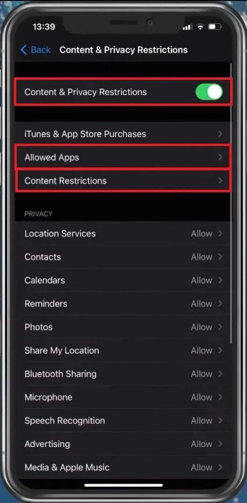 iPhone > Screen Time > Content & Privacy Restrictions