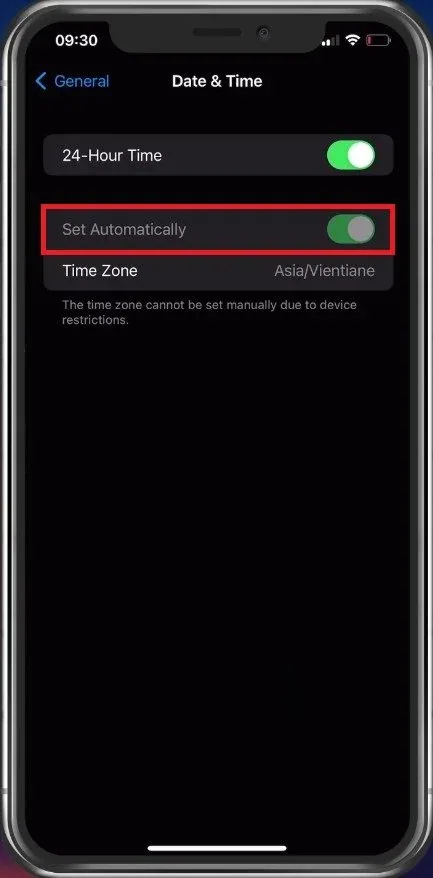 iPhone Settings > General > Date & Time > Set Automatically