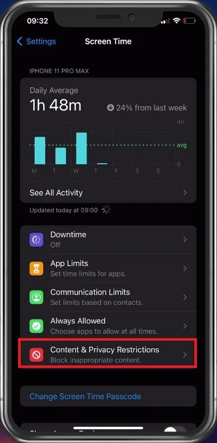 iPhone Settings > Screen Time > Content & Privacy Restrictions