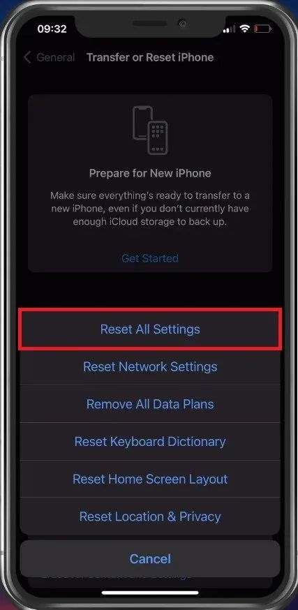 Transfer or Reset iPhone > Reset All Settings