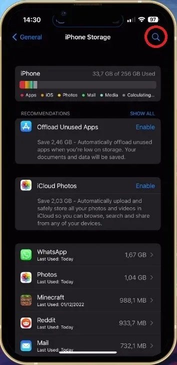 iPhone Settings > General > iPhone Storage