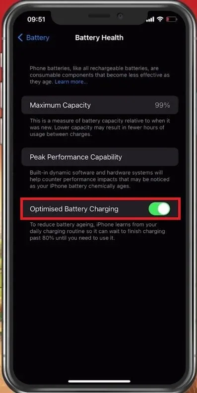 Battery Health > Optimized Battery Charging
