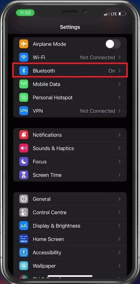 iPhone Settings > Bluetooth