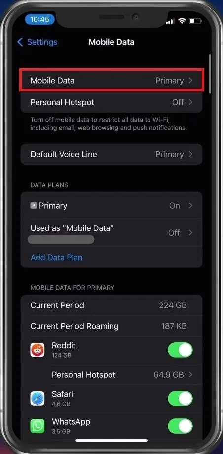 iPhone Settings > Mobile Data
