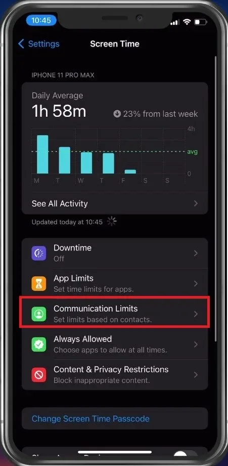 iPhone Settings > Screen Time > Communication Limits