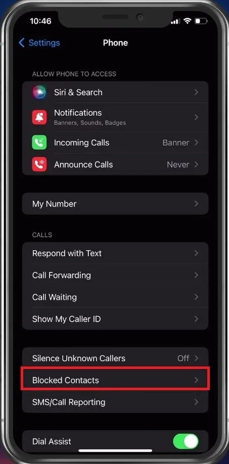 iPhone Settings > Phone > Blocked Contacts