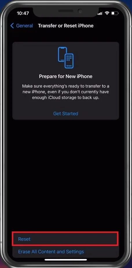 iPhone Settings > General > Transfer or Reset iPhone