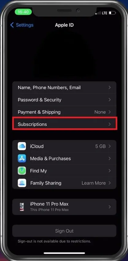 iPhone Settings > Apple ID > Subscriptions