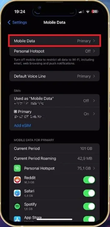iPhone Settings > Mobile Data > Mobile Data