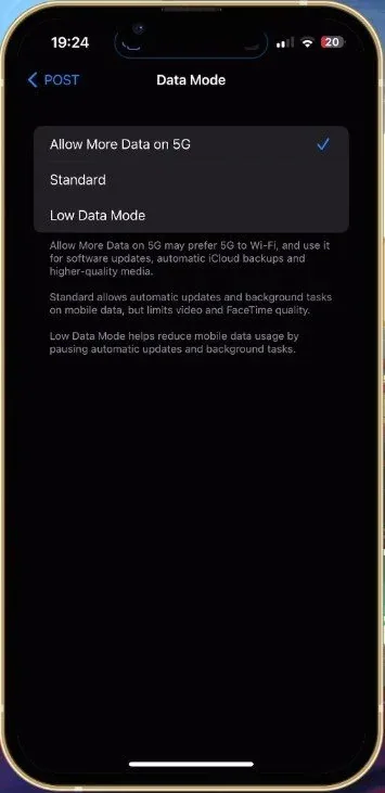 iPhone Settings > Mobile Data > Data Mode