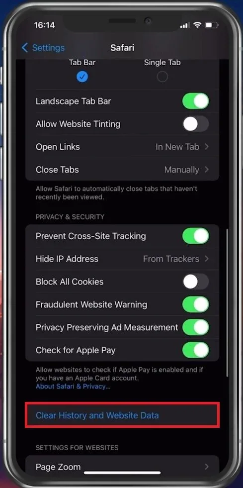 iPhone Settings > Safari > Clear History and Website Data