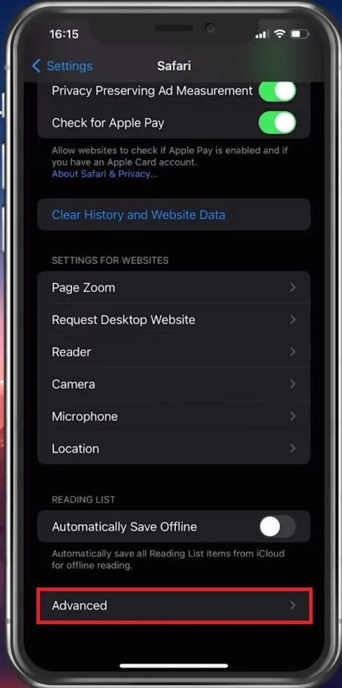 Safari Settings > Advanced