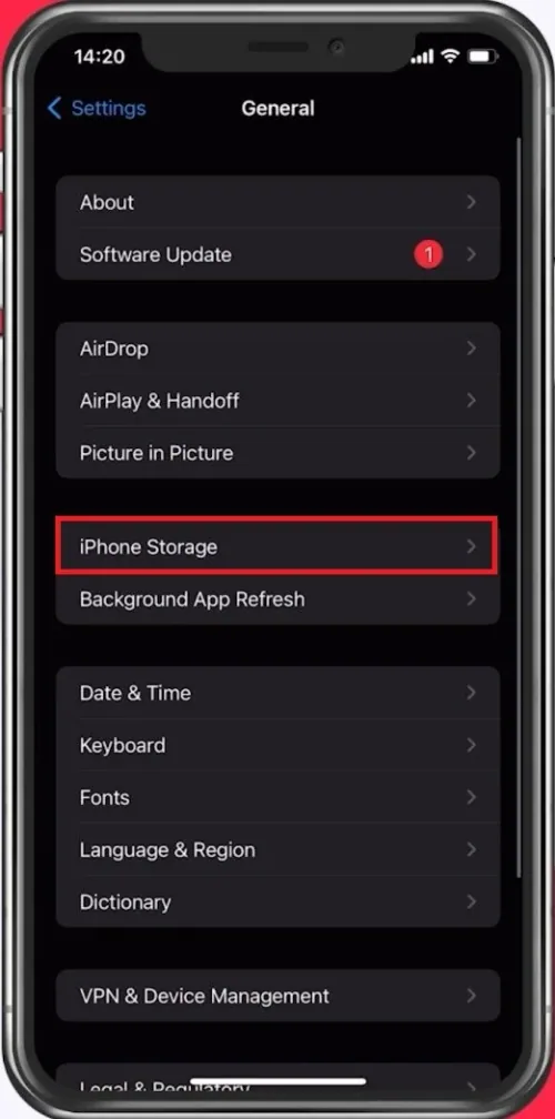 iPhone Settings > General > iPhone Storage