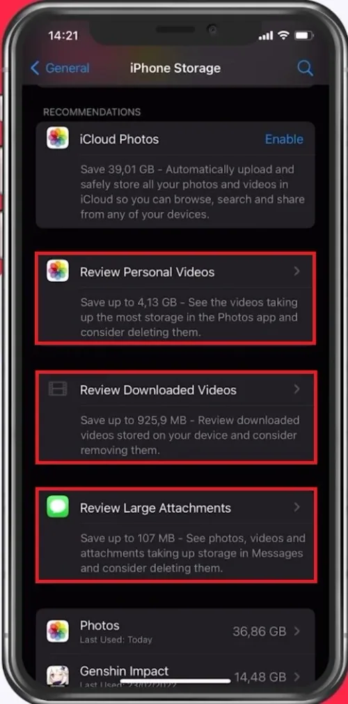 Follow the storage recommendations to clear up a lot of space