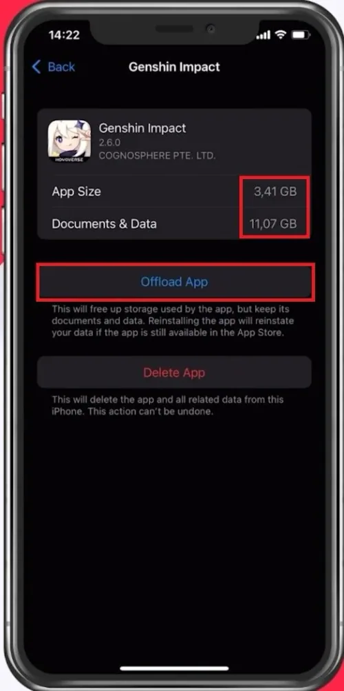 Tap on “Offload App” to reduce the app’s storage requirements