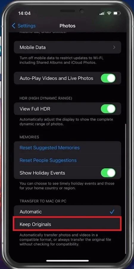 iPhone Settings > Photos > Transfer to Mac or PC