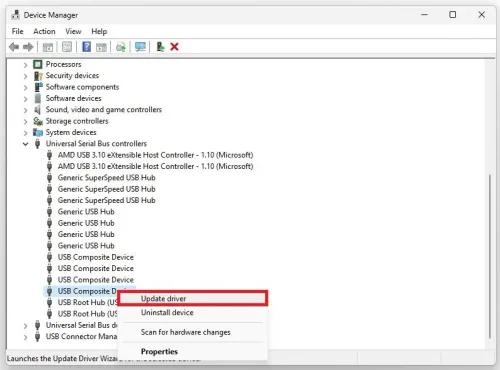 Device Manager > Universal Serial Bus controllers > Update Driver