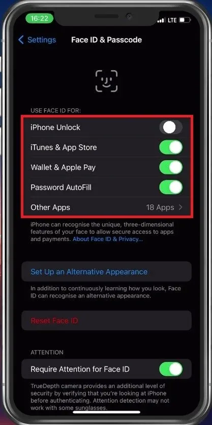 Face ID & Passcode > Disable Face ID